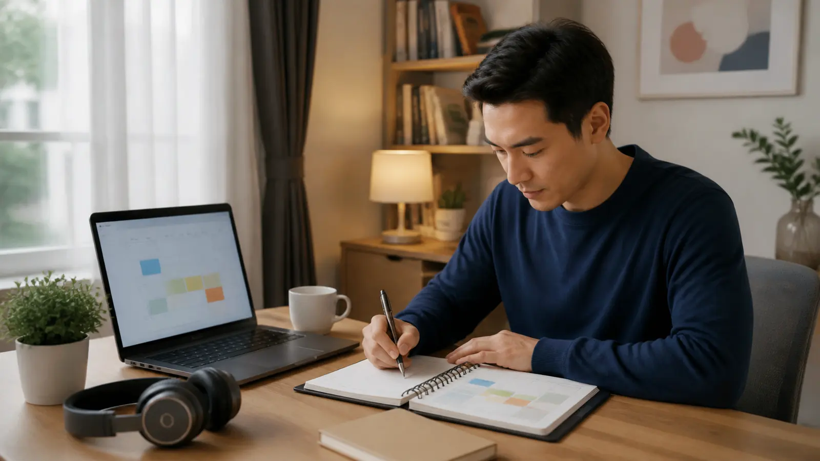 Người đi làm chuẩn bị lịch học trực tuyến tại nhà